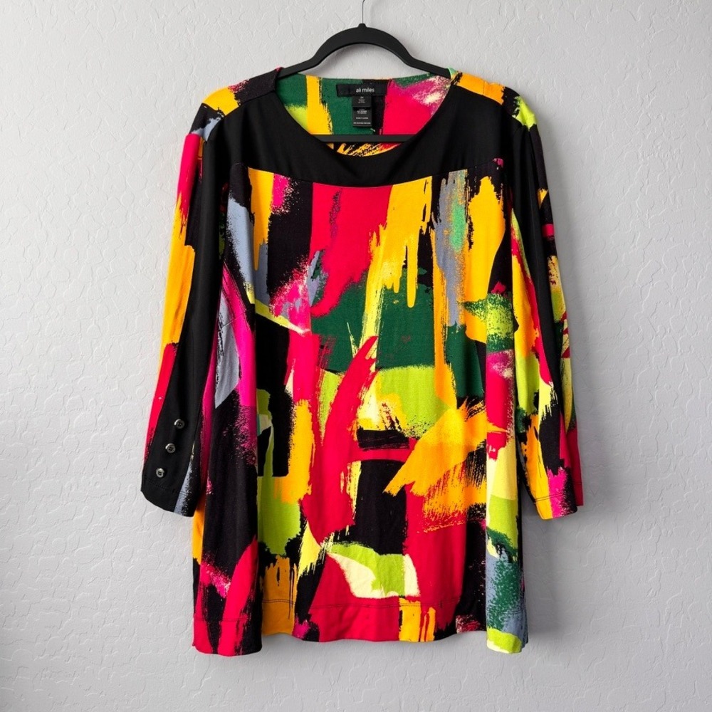Ali Miles 2X Tunic Multicolor 3/4 Sleeve Abstract Brushstroke Button Detail Top